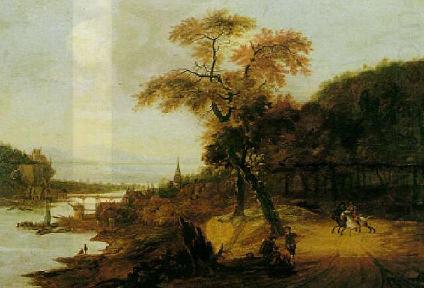 Landscape along a river with horsemen, Jacob van der Does